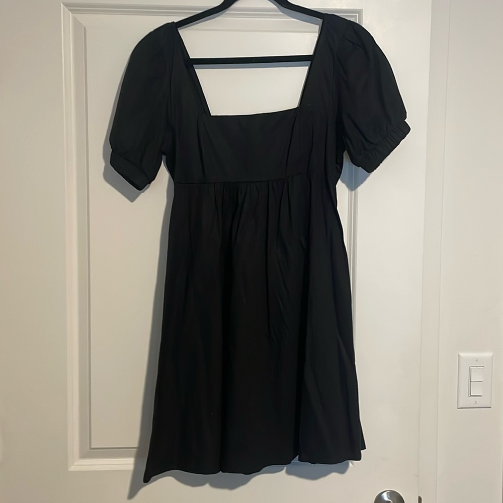 Black Square Neck, Puff Sleeve Mini Dress